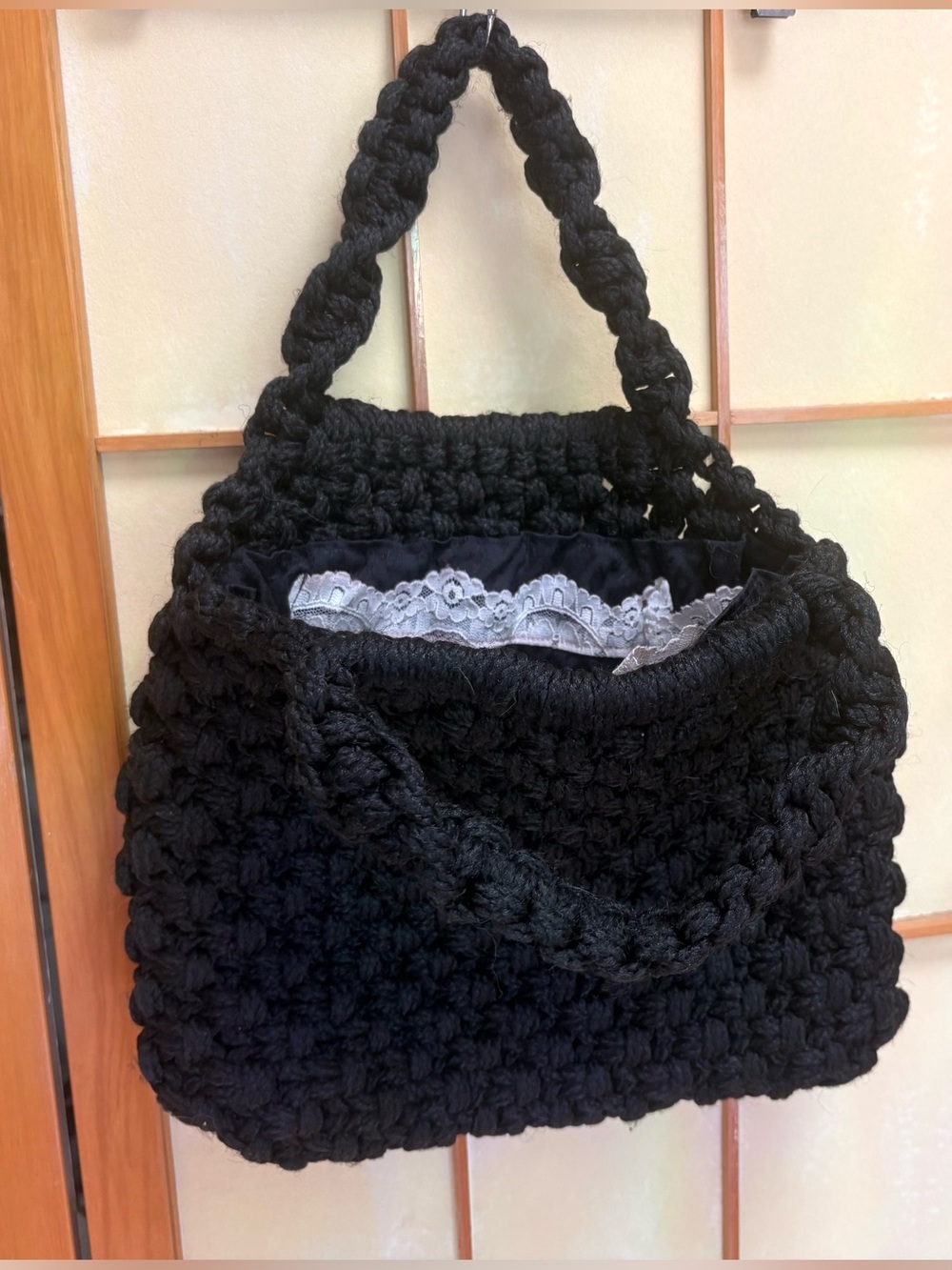 Handmade Vintage Black Chunky Macrame Top Handle Lace-Trim Purse